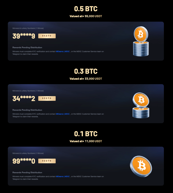 MEXC's tweet photo. 🎉 Winner Announcement of #MEXC Golden Era Showdown 

🏆 100 oz Gold Bar, 1 $BTC, 0.5 $BTC, 0.3 $BTC, 0.1 $BTC … have all found their winners!

Check if you’re on the list:
https://t.co/QBmMyX9xeX

- If it's YOU, follow the on-page instructions to claim your prize.
- All winners were selected based on Bitcoin block hash. Transparent, provable, and 100% fair.