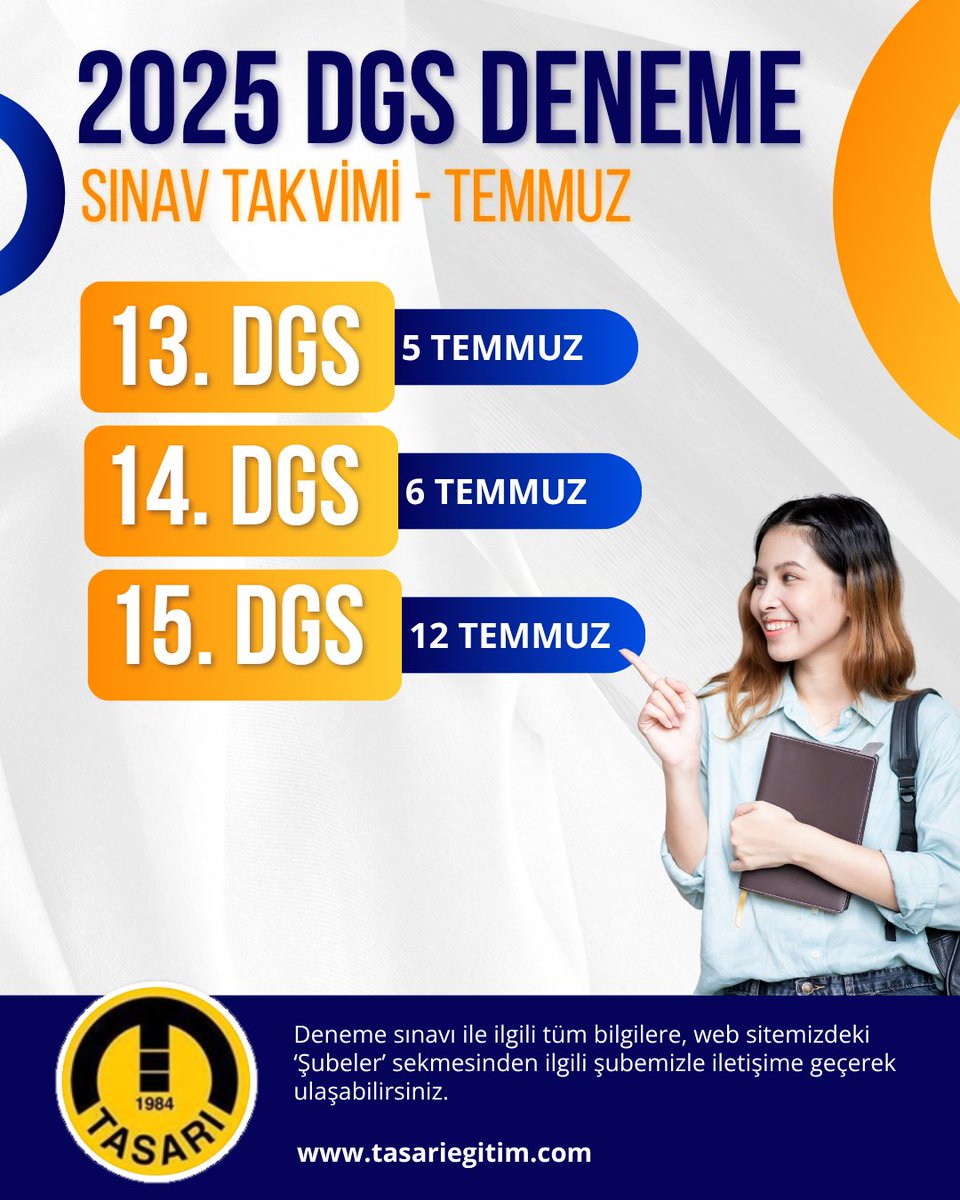 🎯 2025 DGS Temmuz Deneme Takvimi Yayında!

🟧 13. DGS – 5 Temmuz
🟧 14. DGS – 6 Temmuz
🟧 15. DGS – 12 Temmuz

📍 Deneme sınavlarıyla kendini test et, eksiklerini keşfet, sınava hazır ol!
📲 Detaylı bilgi ve başvuru için 👉 tasariegitim.com