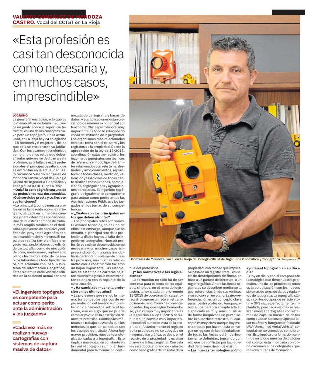 El diario La Rioja publica entrevista a Valerio González de Mendoza, vocal del COIGT, donde habla sobre la actualidad de la profesión del Ingeniero Técnico en Topografía. coigt.com/noticia/4006