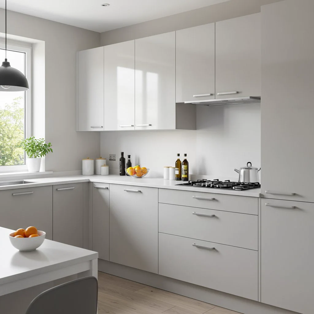 An open and airy kitchen designed with refreshing light cabinets, creating a vibrant yet soothing ambiance. The kitchen features an expansive open-plan layout, with large sliding glass doors seamlessly connecting the indoor space to an outdoor patio, enhancing the feeling of spaciousness and natural light. The PVC cabinets have a smooth, clean finish, reflecting light beautifully and contributing to the bright atmosphere. On the pristine white countertop, a simple arrangement of fresh herbs in a small pot and a stylish stainless steel coffee maker adds functional elegance. This design emphasizes a contemporary and inviting feel, showcasing how PVC material can be used to achieve a fresh, modern look that is also incredibly easy to maintain and resistant to moisture, making it a smart choice for any home.