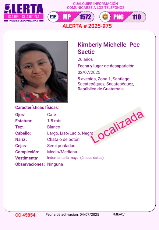 #AlertaIsabelClaudina
📣 Localizada❗
KIIMBERLY MICHELLE PEC SACTIC
Ha sido localizada 📌
Agradecemos haber compartido la información 👌🏼