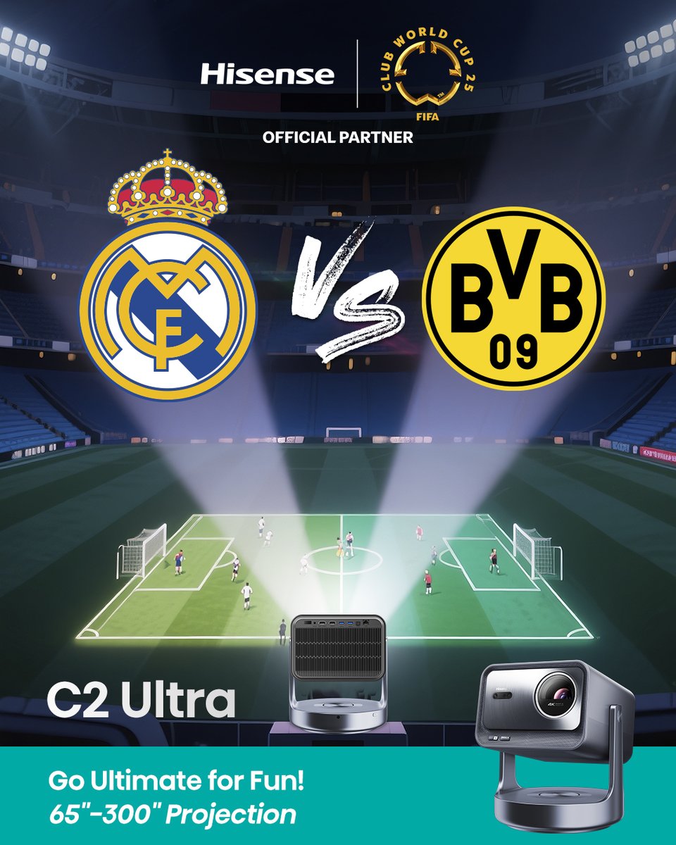 Real Madrid vs Borussia Dortmund.⚽
Two icons. One shot at glory. Are you ready?😉
Take the thrill to the next level with the Hisense C2 Ultra.
Up to 300” projection size — Go ultimate for fun, feel the roar in every play, and Own the Moment like never before.
