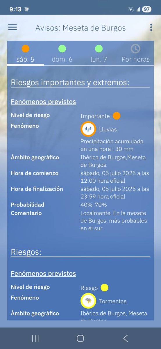 ⚠️ La AEMET mantiene para este sábado el nivel de riesgo naranja en Burgos ante la posible llegada de fuertes tormentas a partir de mediodía 

📣 Se recomienda a los ciudadanos extremar las precauciones en situaciones de fuertes lluvias, granizo o viento.