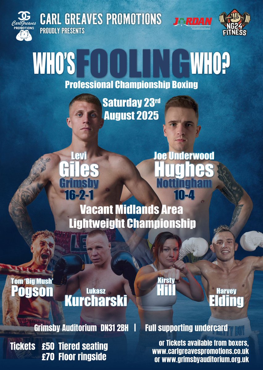 7️⃣ weeks 
Who's fooling who ?
Professional championship boxing 
<a href="/GrimsbyLive/">Grimsby Live</a> 
<a href="/LeviGiles03/">levi giles</a> v #JoeHughes
<a href="/MidlandsBBBofC/">Midlands Area BBBofC</a> lightweight championship 
<a href="/thomaspogson/">Thomas Pogson</a> 
<a href="/HarveyEldo/">Harvey Eldo</a> 
@kirstyhill
#Kurcharski 
🎟 available from boxers or
carlgreavespromotions.co.uk