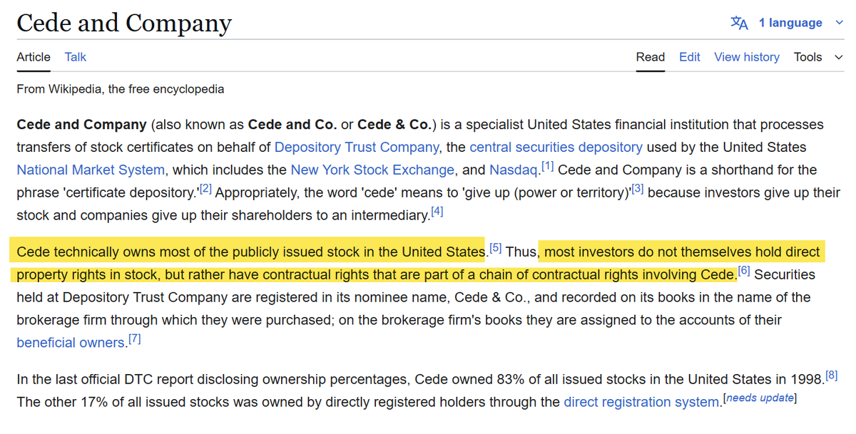 DaysOfNoahh's tweet photo. If you think that's ludicrous: it's already in place. #Cede already owns most of publicly listed US stocks. You may have rights, but the ultimate owner in case of system failure, is Cede, already now. The only thing they wait for is a domino debt collapse of the financial system. https://t.co/qpMG7SVCr9