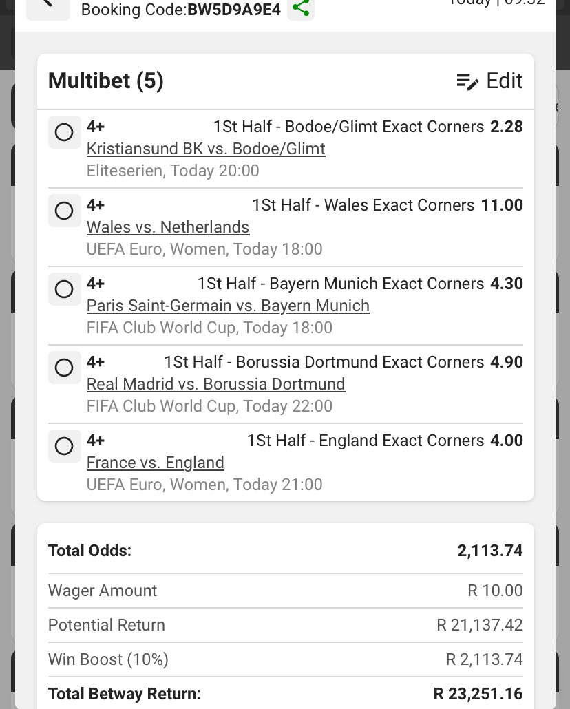 Corners

Code: BW5D9A9E4
Kick off:18:00

🚨Retweet for others 🚨

🔞+|T&amp;C,s apply