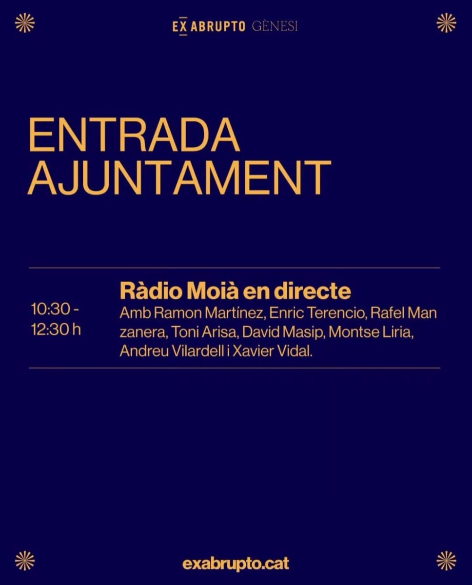 EX ABRUPTO

A causa de les previsions meteorològiques reubiquem les activitats previstes al Parc municipal a Les Faixes i l'escola Pia

Les instal·lacions artístiques, exposicions i l'escenari de l'escola Pia es mantenen al mateix lloc

Que gaudiu del festival! 💛