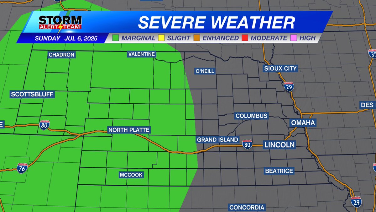 SEVERE WEATHER POTENTIAL: July 5-6, 2025

Strong storms are possible Saturday and Sunday across parts of Nebraska. The better chance each afternoon and evening will be in western Nebraska, but eastern Nebraska may see a strong line of storms move through Saturday afternoon.