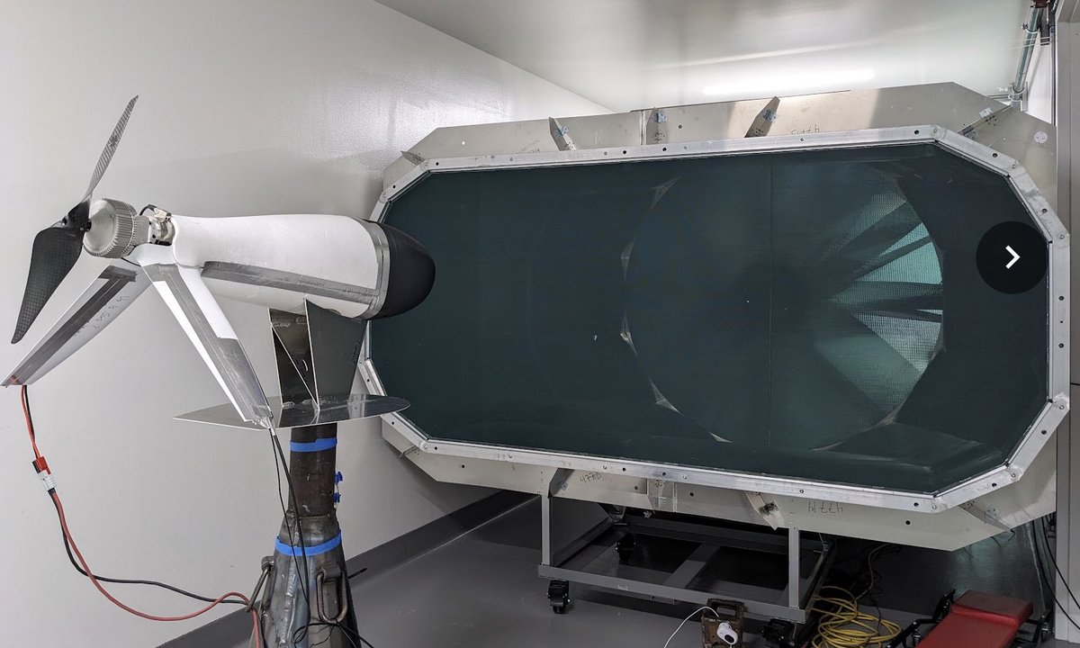 Keller's tweet image. 1st day of testing for new mixed propeller design using our in house wind cannon. Test aero setup looks like a futuristic Zipline product 🤔