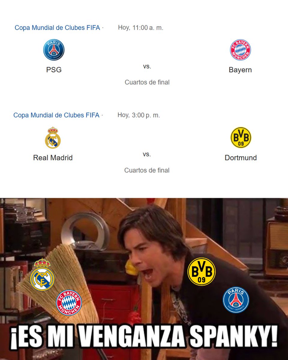 ¡CUARTOS CON SABOR A REVANCHA! 🔥

El #MundialDeClubes entra en su recta final y hay cuentas pendientes. Negriamarillos y parisinos quieren vengar esas finales donde merengues y bávaros les arrebataron la 🏆 Orejona.

¿Habrá revancha o el Madrid y el #Múnich vuelven a vencer? ⚽