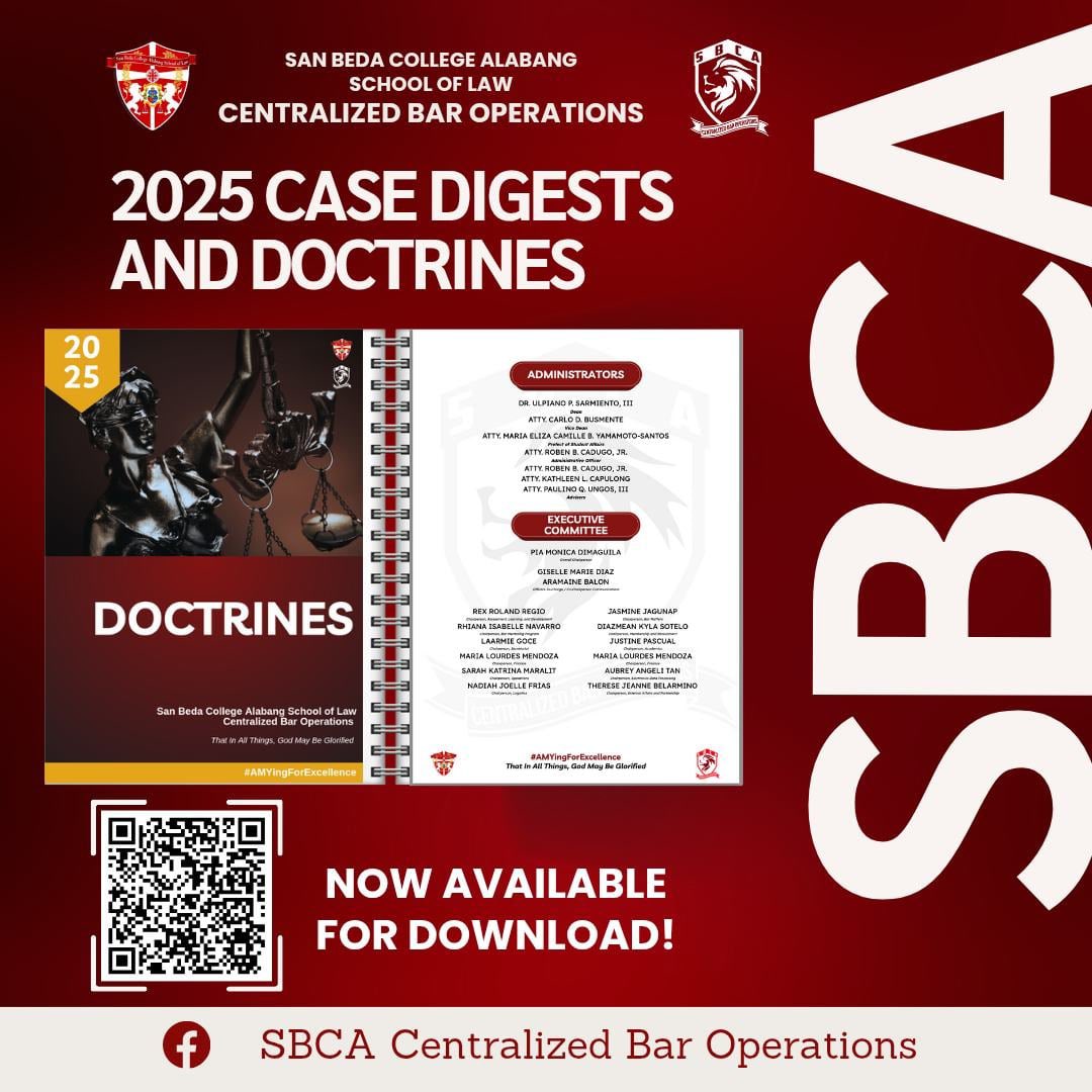 📚 SBCA-CBO LAZARO-JAVIER CASE DIGESTS &amp; DOCTRINES 2025 is now out—for FREE!

✔️ Bar-ready digests of all J. Amy Lazaro-Javier cases

🔒 Read &amp; print only—editing restricted, check out our FB page for full details

👉 bit.ly/SBCA-CBO-2025-…

#SBCACBO #AMYingForExcellence