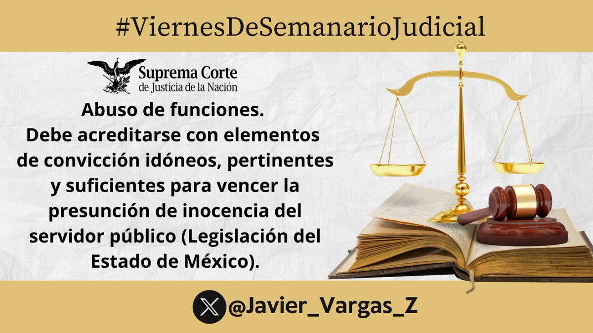 #ViernesDeSemanarioJudicial⚖️
Hechos: La Sala Especializada en Materia de Responsabilidades Administrativas del Tribunal de Justicia Administrativa del Estado de México inhabilitó a una persona para desempeñar empleo, cargo o comisión.
Texto completo: 🖥️ 
sjf2.scjn.gob.mx/detalle/tesis/…