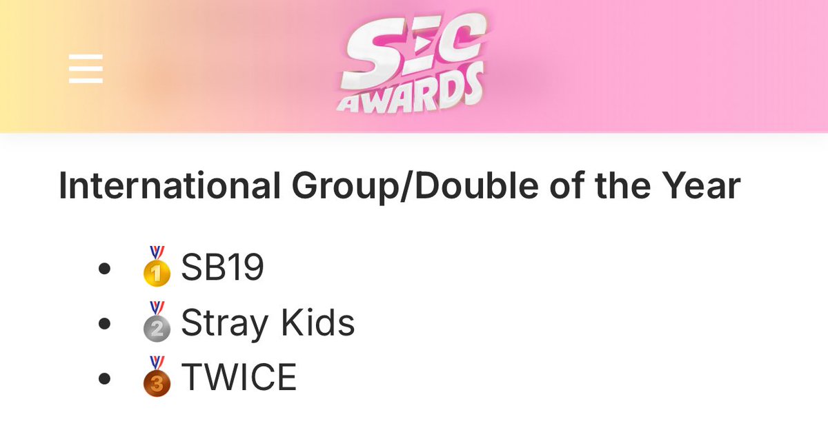 SB19 VOTING TEAM (@sb19_votingteam) on Twitter photo We are doing great, A’TIN. SB19 is currently ranked number 1 on website voting for this year’s #SECAwards!
Just keep on casting your votes for our boys and let’s bring home the trophy again.
🔗 secawards.seriesemcena.com.br/grupo-dupla-in…
SB19 RULES OPM CON
<a href="/SB19Official/">SB19 Official</a> #SB19
#SB19ShinesPureGold We are doing great, A’TIN. SB19 is currently ranked number 1 on website voting for this year’s #SECAwards!
Just keep on casting your votes for our boys and let’s bring home the trophy again.
🔗 secawards.seriesemcena.com.br/grupo-dupla-in…
SB19 RULES OPM CON
<a href="/SB19Official/">SB19 Official</a> #SB19
#SB19ShinesPureGold