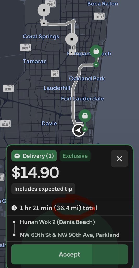 Florida Pete ๐บ๐ธ (@pbyrond) on Twitter photo Can you please explain why customers can order food 20, 30 or even up to 40 miles away from Restaurants?? Help it make sense. This is why many drivers have low acceptance rates. <a href="/dkhos/">dara khosrowshahi</a> #UberEats your algorithm is beyond broken. Can you please explain why customers can order food 20, 30 or even up to 40 miles away from Restaurants?? Help it make sense. This is why many drivers have low acceptance rates. <a href="/dkhos/">dara khosrowshahi</a> #UberEats your algorithm is beyond broken.