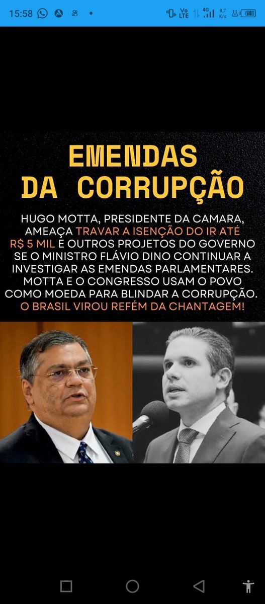 <a href="/Andre17121979/">André Aranda</a> Vc é burro ou mentiroso?
A esquerda quer o fim das emendas secretas, quer a correção da tabela de IRPF, não quer aumento no número de deputados 
Isso deveria ser pauta de todos os brasileiros 
Mas o bolsonarismo não permite