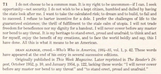 Paul_S_Mullen's tweet image. An American Creed:
โIt is my right to be uncommonโif I can. I seek opportunityโnot security. I do not wish to be a kept citizen, humbled and dulled by having the state look after me. I want to take the calculated risk; to dream and to build, to fail and to succeed. I refuse toโฆ