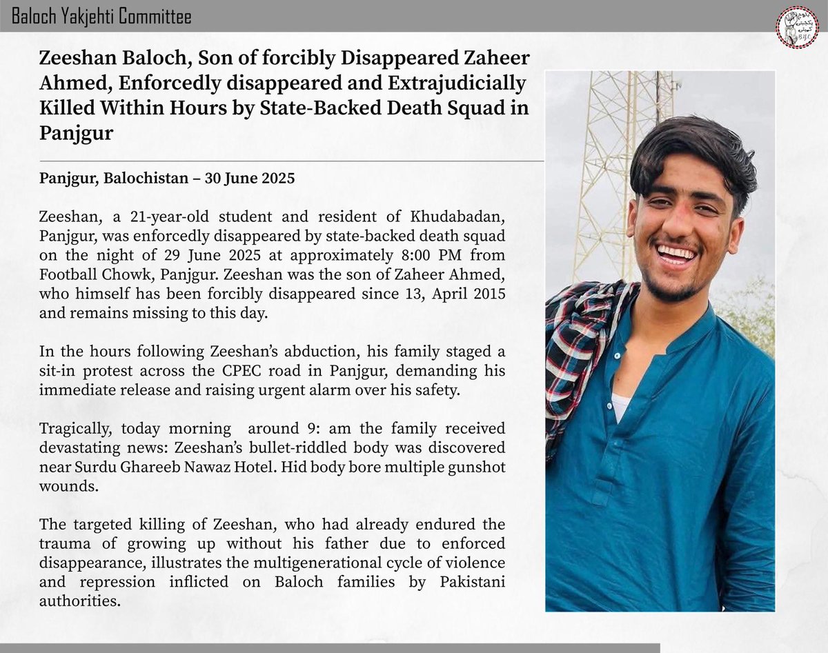 CanadianBalochC's tweet image. Pakistan’s brutal crackdown on forcibly disappeared Baloch people has turned deadlier. One by one, abducted sons of Balochistan are being killed in cold blood.
#Canada @UN & the global community must break their silence and demand justice.
@MarkJCarney @CanadaFP @CanHCPakistan
