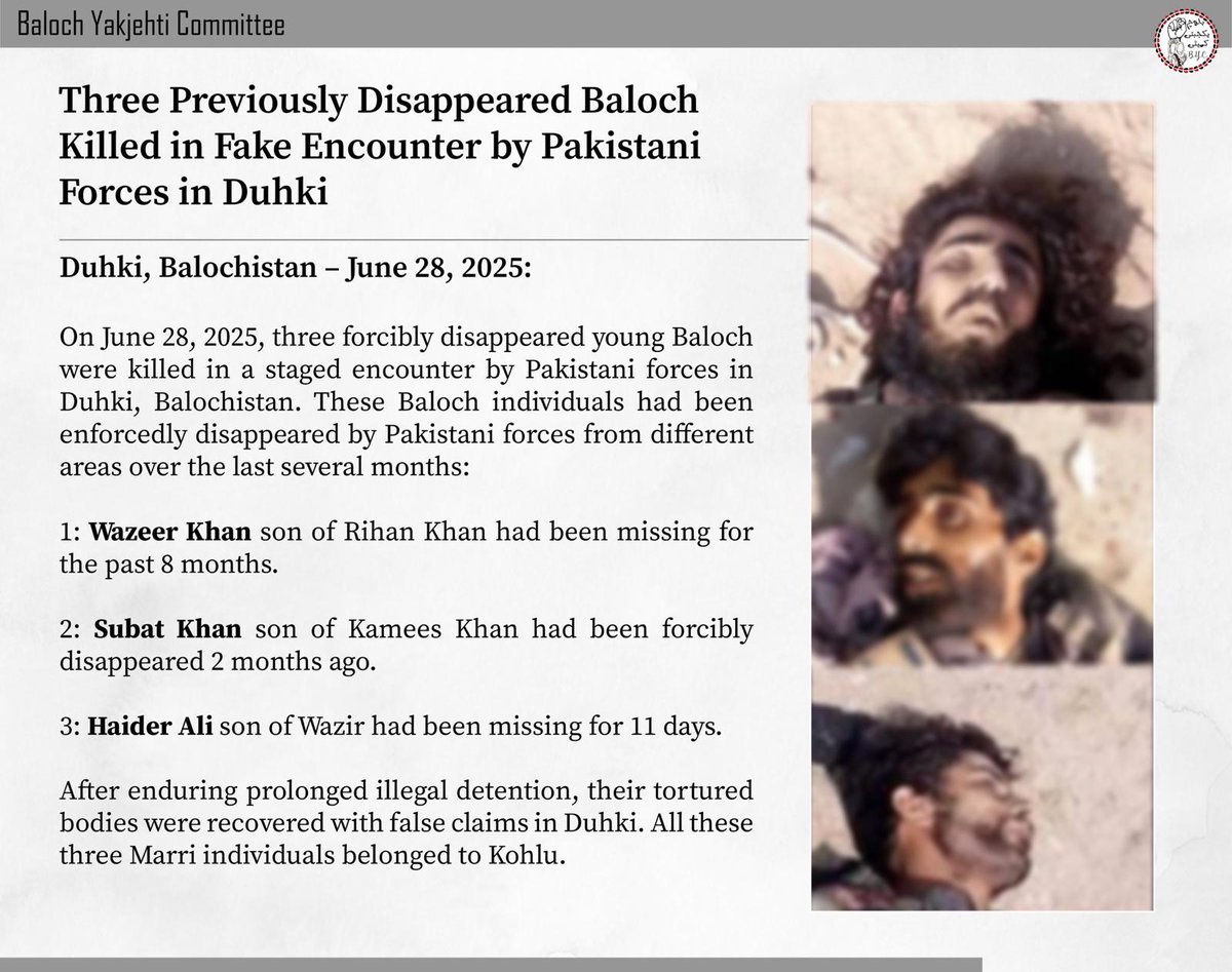 CanadianBalochC's tweet image. Pakistan’s brutal crackdown on forcibly disappeared Baloch people has turned deadlier. One by one, abducted sons of Balochistan are being killed in cold blood.
#Canada @UN & the global community must break their silence and demand justice.
@MarkJCarney @CanadaFP @CanHCPakistan