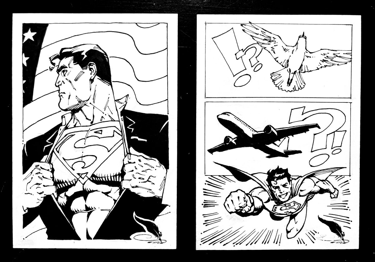 J_Johnson_Art's tweet image. Happy Independence Day, fellow Yanks! And enjoy a look at the sketch cards I drew for @TDArtGallery 's Superman art drop happening next week. Stay tuned! 🇺🇸 💥