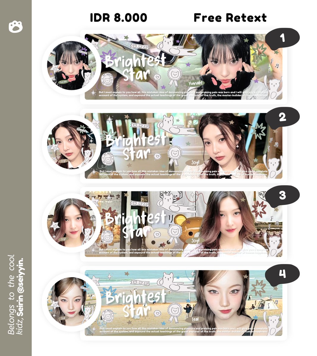 seiyyin's tweet photo. ◁₊ ˚  💌 help repost? tysm! 🍅🍥

(>_<) ! -- haloo, aku bawa layout rs ready stock Yunah, Joy, Isa, Seeun, Nagyung, &amp; Wendy dengan harga { IDR 8.000/each } 🍣🥢 free retex _ get ava png &amp; jpg 𓄹 🥟 jajan yukk? 👧🏻 𓈈 ⊹

꒰ ── #zonauang #zonajajan ꒱ https://t.co/PIoRYVK6QO