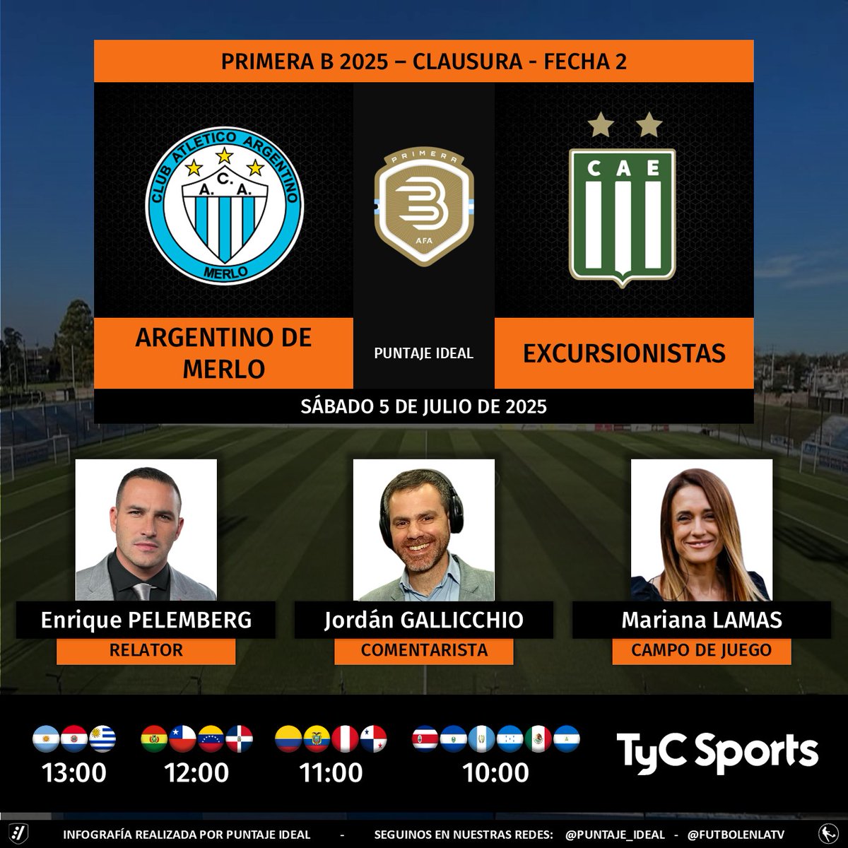 Puntaje Ideal (@puntaje_ideal) on Twitter photo ⚽️ #PrimeraB 🇦🇷 | #ArgentinoDeMerlo vs. #Excursionistas
🎙️ Relator: <a href="/epelemberg/">Enrique Pelemberg</a>
🎙️ Comentarista: <a href="/jordangallichio/">Jordán Gallicchio</a>
🎙️ Campo de juego: <a href="/MarianaLamas/">Mariana Lamas</a>
📺 <a href="/TyCSports/">TyC Sports</a> 🇦🇷 y <a href="/TyCSports/">TyC Sports</a> Internacional
💻📱 <a href="/TyCSportsPlay/">TyC Sports Play</a> 🇦🇷
🤳 #NacionalEnTyCSports
Dale RT 🔃 ⚽️ #PrimeraB 🇦🇷 | #ArgentinoDeMerlo vs. #Excursionistas
🎙️ Relator: <a href="/epelemberg/">Enrique Pelemberg</a>
🎙️ Comentarista: <a href="/jordangallichio/">Jordán Gallicchio</a>
🎙️ Campo de juego: <a href="/MarianaLamas/">Mariana Lamas</a>
📺 <a href="/TyCSports/">TyC Sports</a> 🇦🇷 y <a href="/TyCSports/">TyC Sports</a> Internacional
💻📱 <a href="/TyCSportsPlay/">TyC Sports Play</a> 🇦🇷
🤳 #NacionalEnTyCSports
Dale RT 🔃