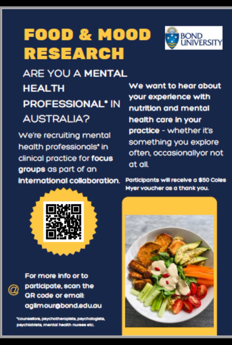 Are you a mental health professional in clinical practice in Aus or NZ and interested in being involved in our research on experiences of nutrition &amp; mental health care in your practice (whether you explore it often, occasionally, or not at all)? 
email agilmour@bond.edu.au