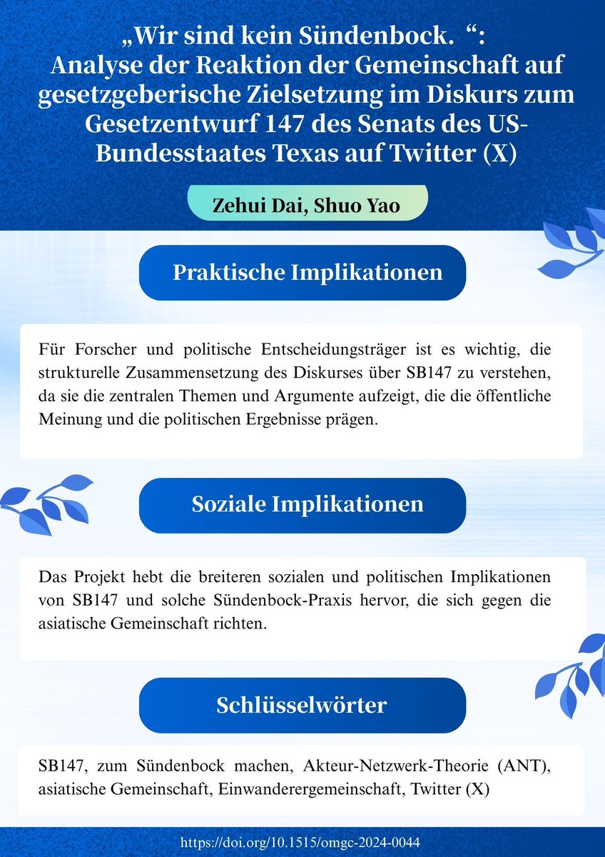 Diese Studie ist die vierte in der zweiten Ausgabe des OMGC Journals im Jahr 2025. Sie untersucht den öffentlichen Diskurs auf Twitter (jetzt X) zwischen dem
14. November 2022 und dem 27. Mai 2023 über SB147.
DOI: doi.org/10.1515/omgc-2…