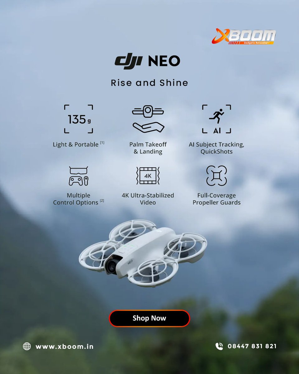 XboomContact's tweet image. ✨ Meet DJI NEO – Light. Smart. Fun.
Just 135g with palm takeoff, AI tracking &amp;amp; 4K ultra-stabilized video.
Perfect for creators &amp;amp; first-time flyers!
👉 Buy now at xboom.in
#DJINEO #MiniDrone #AIDrone #TravelWithDrones #VlogGear #DroneLife #XboomDrones