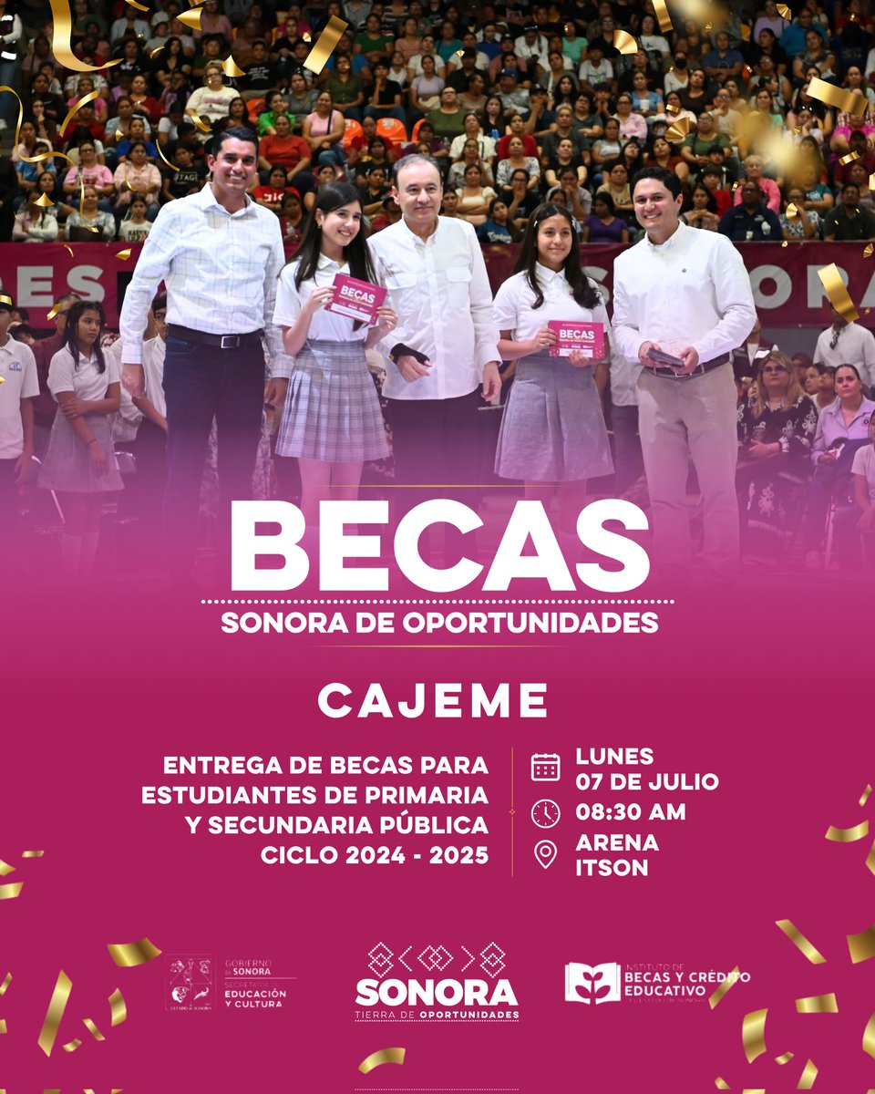 📚 ¡Atención Cajeme!
Este lunes 7 de julio entregaremos las Becas Sonora de Oportunidades para estudiantes de educación básica  (ciclo 2024–2025).
📍 Arena ITSON
🕣 8:30 A.M.
🔹 Lleva identificación oficial
🔹 Solo mamá, papá o tutor autorizado puede recibir la beca
#BecasDurazo