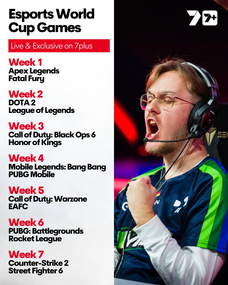 Fourteen games across seven weeks are live &amp; exclusive on <a href="/7plus/">7plus</a>! 🎮

The 2025 Esports World Cup begins Thursday, July 10 from 9pm AEST 👉 7plus.com.au/esports