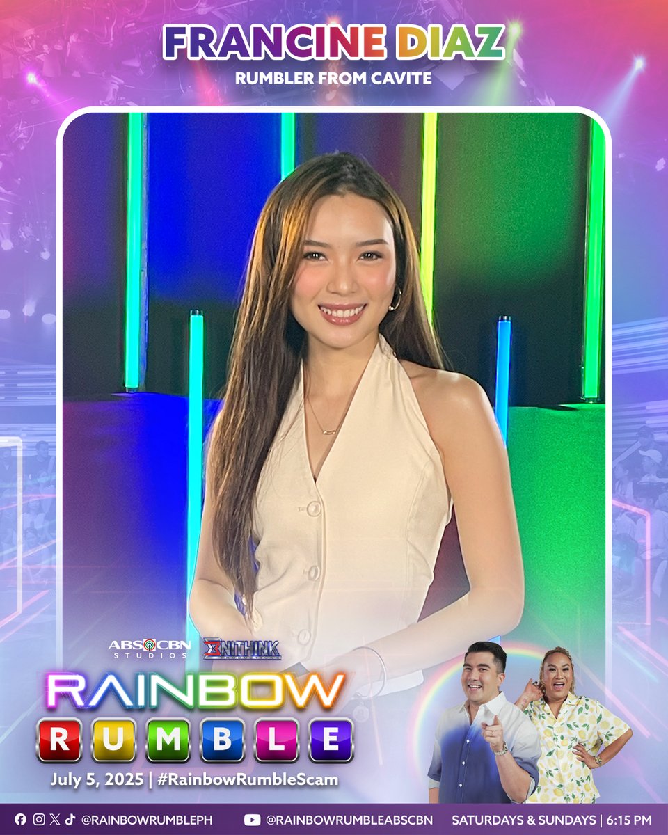 RainbowRumblePH's tweet photo. Kasama rin nating maglalaro mula Cavite, Francine Diaz! #RainbowRumbleScam 🌈💪🏻

Abangan ang Sins Of The Father cast sa #RainbowRumble ngayong Sabado, 6:15 PM sa Kapamilya Channel, Kapamilya Online Live, A2Z, at AllTV. Mapapanood din sa iWantTFC at TFC. https://t.co/FDymbIE8Vm