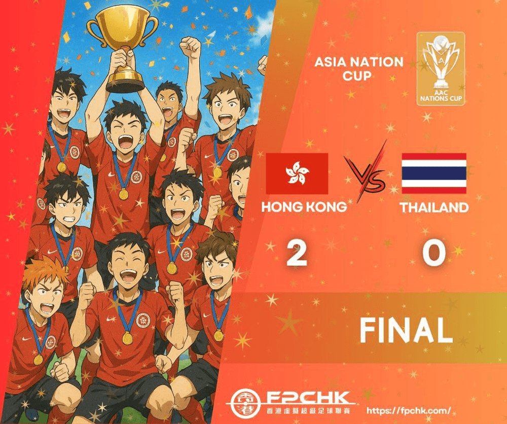 🏆 AANC 亞洲國家盃 2025 冠軍誕生！🇭🇰🔥
香港代表隊喺決賽以 2️⃣ : 0️⃣ 擊敗強敵泰國，成功捧盃，登上亞洲之巔！🌟💪

從分組賽 8 戰全勝提早出線、4 強再挫印尼，到決賽穩守壓力擊敗泰國，香港隊用實力同團結一步一步踏上冠軍寶座！⚽👑

👏 恭喜一眾香港戰將帶嚟夢幻表現，寫下歷史新一頁！