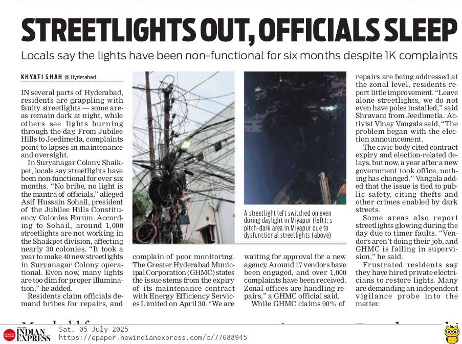 Khyati Shah (@writetokhyati) on Twitter photo Streetlights out, officials sleep. Even after <a href="/GHMCOnline/">GHMC</a> receiving 1,000+ complaints everyday, no action taken
Read here: epaper.newindianexpress.com/c/77688945
<a href="/XpressHyderabad/">TNIE Telangana</a>
<a href="/NewIndianXpress/">The New Indian Express</a>
<a href="/Kalyan_TNIE/">Kalyan Chakravarthy</a>
<a href="/PrasannaRS2/">Prasanna R S</a> Streetlights out, officials sleep. Even after <a href="/GHMCOnline/">GHMC</a> receiving 1,000+ complaints everyday, no action taken
Read here: epaper.newindianexpress.com/c/77688945
<a href="/XpressHyderabad/">TNIE Telangana</a>
<a href="/NewIndianXpress/">The New Indian Express</a>
<a href="/Kalyan_TNIE/">Kalyan Chakravarthy</a>
<a href="/PrasannaRS2/">Prasanna R S</a>