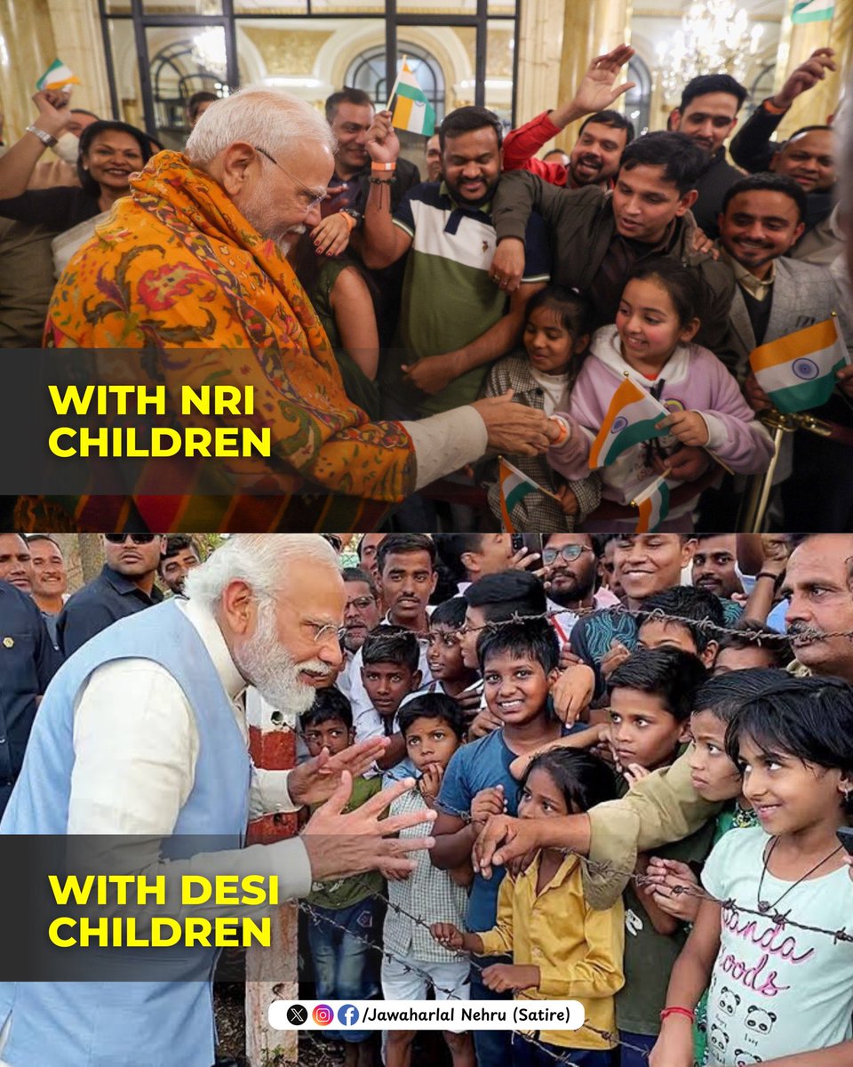 The_Nehru's tweet image. NRI KIDS? Bal Narendra’s all smiles and hugs! 🥰

DESI KIDS? Iron barricades and allergic reactions! 😡
