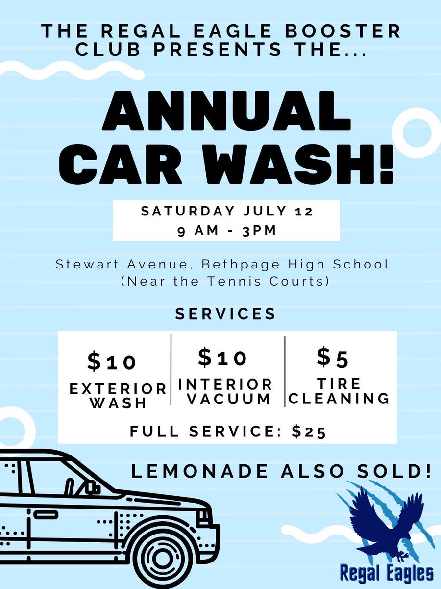 On Saturday, July 12, the Regal Eagles will be hosting their next annual car wash! We hope you can join us 💙