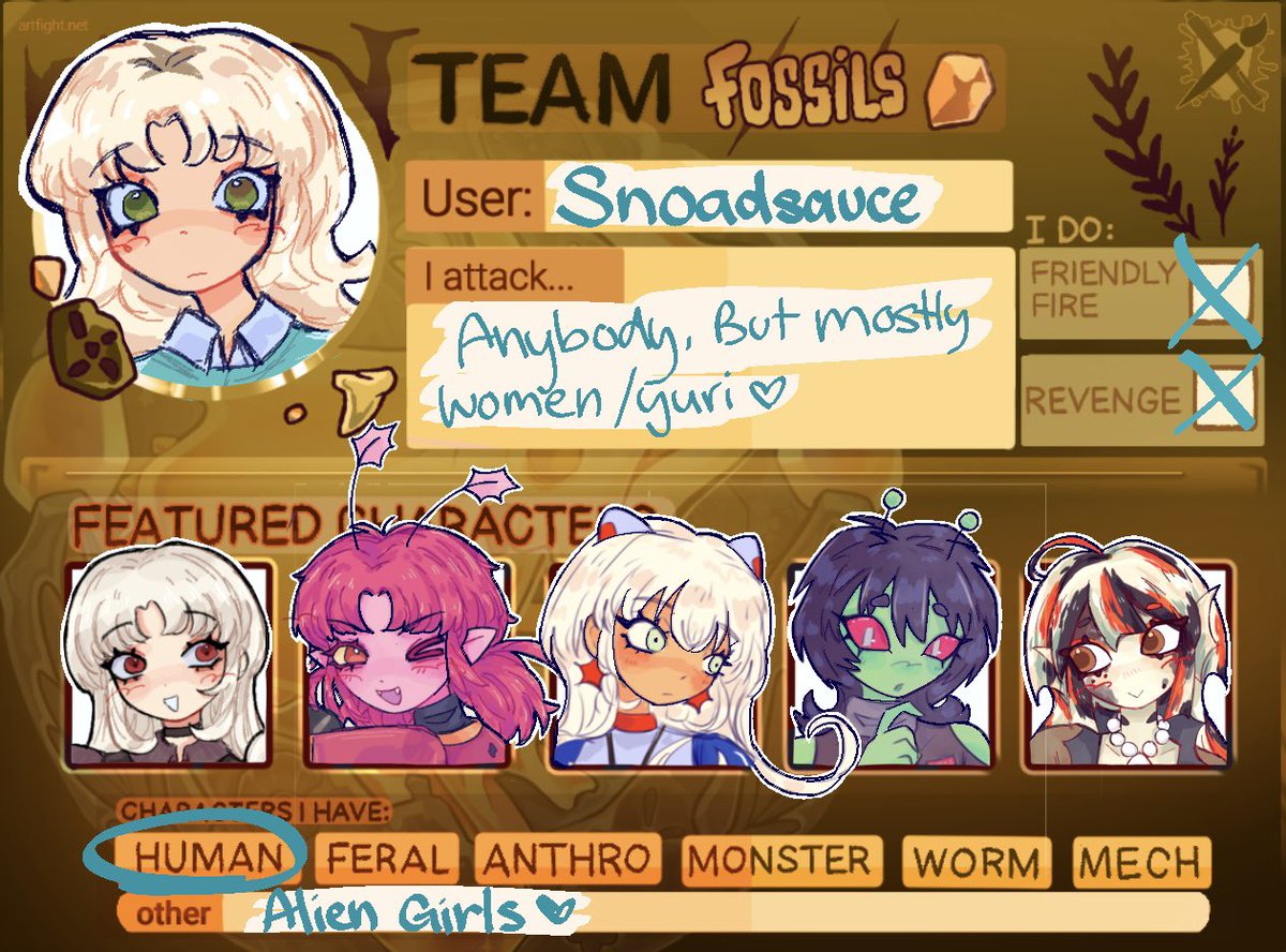 snoadsauce's tweet image. Ok finally made a promo thing for my artfight!!
Linking all my attacks below!
artfight.net/~Snoadsauce