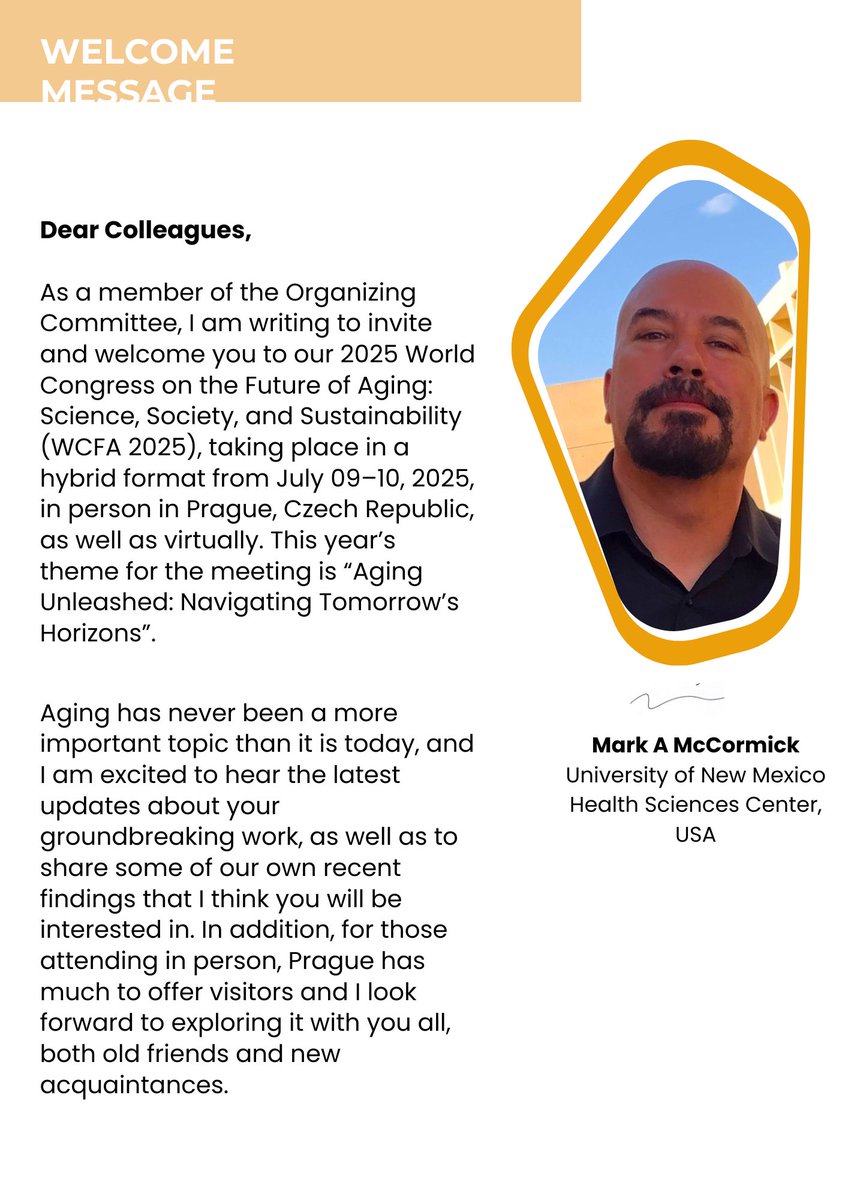 Aging Conference (@aging2025) on Twitter photo Counting Down🚨 Just a few days to go for #WCFA2025 in Prague!
🗓️ July 9–10 | 🌍 Hybrid Event
🗣️ Dr. Mark A McCormick shares a warm welcome as we explore the future of aging with global experts.
Don’t miss it
🔗 scholarsconferences.org/aging
Final call to register
<a href="/ScholarsConfer1/">Scholars Conferences</a> Counting Down🚨 Just a few days to go for #WCFA2025 in Prague!
🗓️ July 9–10 | 🌍 Hybrid Event
🗣️ Dr. Mark A McCormick shares a warm welcome as we explore the future of aging with global experts.
Don’t miss it
🔗 scholarsconferences.org/aging
Final call to register
<a href="/ScholarsConfer1/">Scholars Conferences</a>