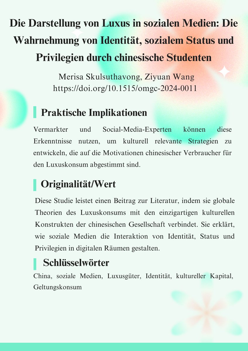 Wie wird Luxus un sozialen Medien dargestellt?🌱#soziale Medien #Kommiäunikationsforschung #Luxusgüter #Geltungskonsum
Zitiert aus 5. No.2 von der Zeitschrift OMGC
DOI: doi.org/10.1515/omgc-2…