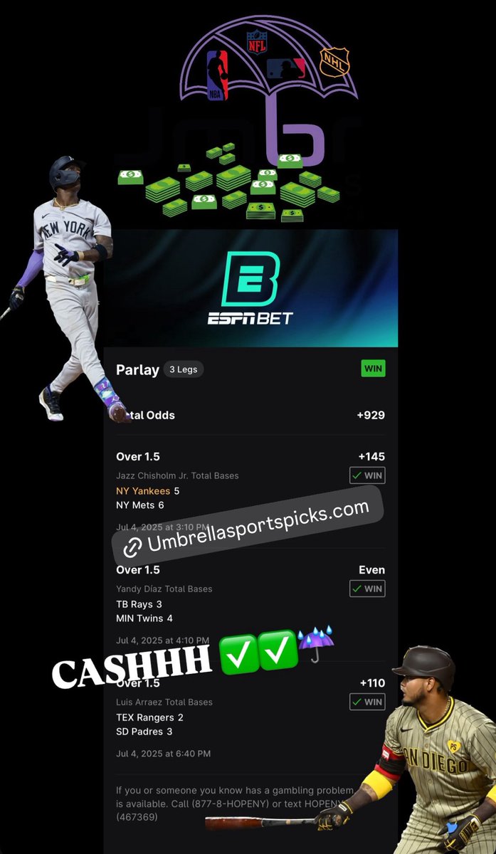 UmbrellaSportsX's tweet photo. Happy 4th of July 🇺🇸 MLB VIP Bases ✅☔️  🙏 Congrats to all who Tailed 🎯🎯🎯🎯Let us Research for YOU 💰 #MLB #MLBSheets #Strikeouts #MLBCheatSheet #UmbrellaSportsPicks #MLBPicks #GamblingX #MLBPlays #Freeplay #ESPNBET #Happy4th #4thofjuly #mlb4thofjuly

@WhopSports Join the ☔️Team