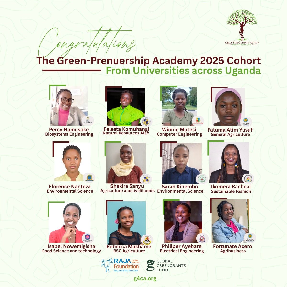 G4ClimateAction's tweet image. We are super excited to announce the 2025 #GreenpreneurshipAcademy cohort! 🌱
In a few days, these university students will join 20 rural women to learn, grow & launch market-ready green solutions. Together, they will drive climate action & innovations.
@GreengrantsFund