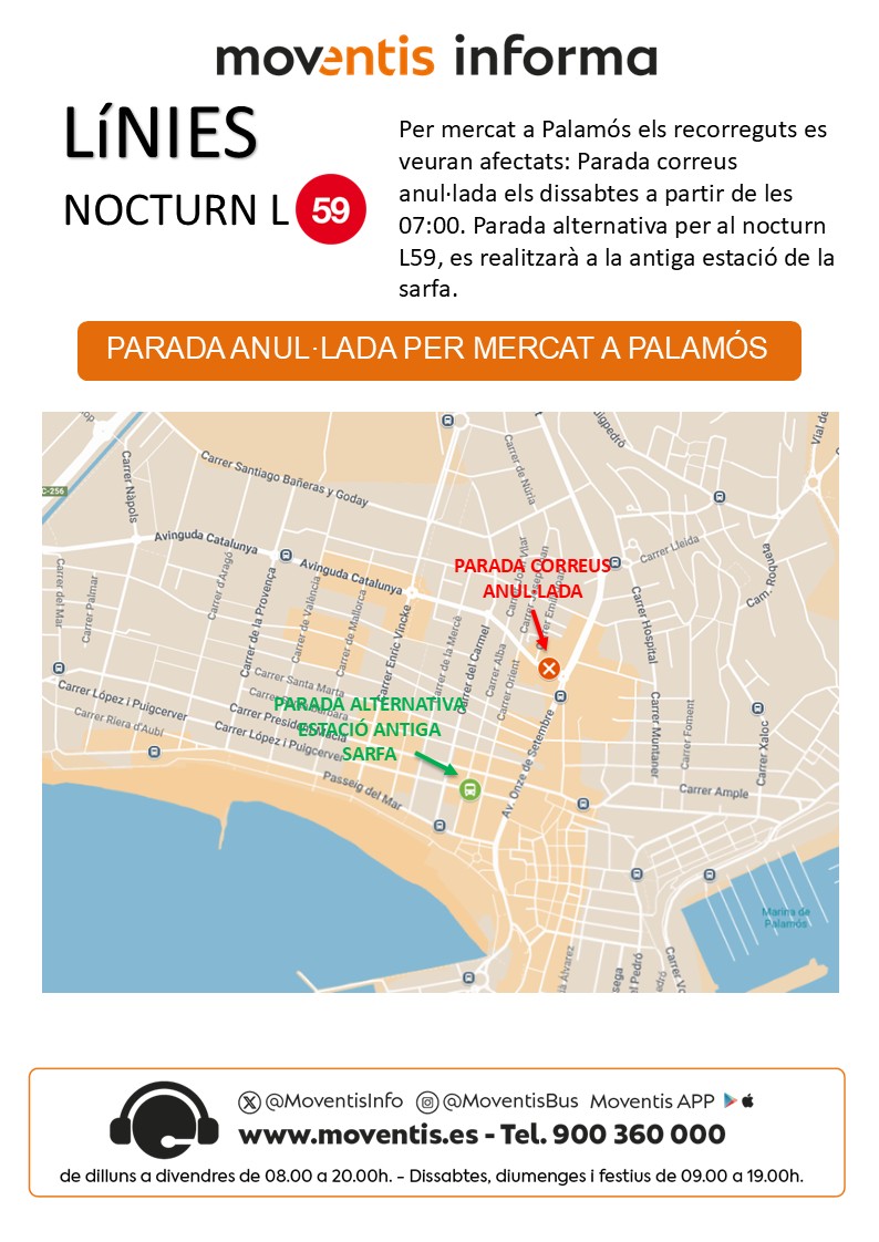 ⚠️Mercat Palamós, parada nocturn #L59 correus anul·lada dissabtes a partir de les 07:00, parada alternativa antiga estació Palamós C/López i Puigcerver.
Preguem dispenseu les molèsties.