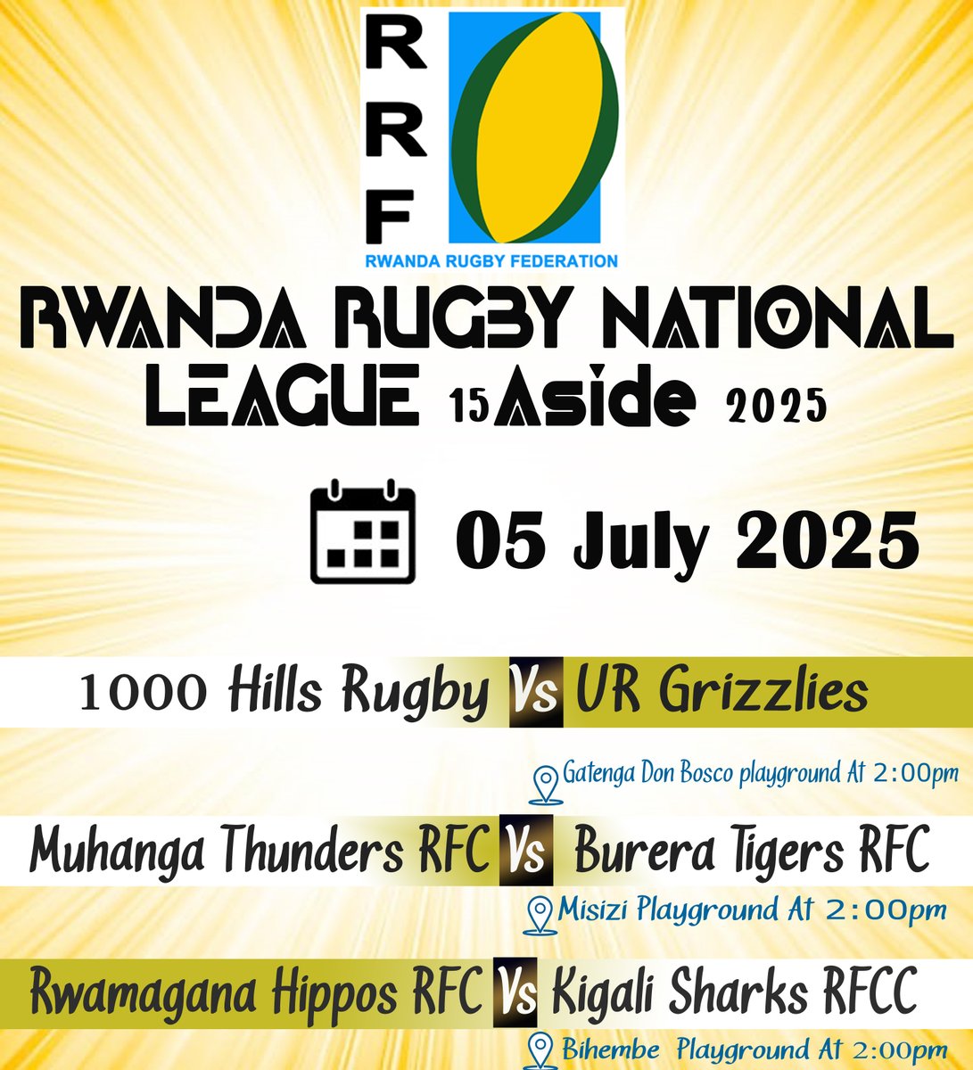 Rwanda Rugby ๐ท๐ผ (@rugbyrwanda) on Twitter photo #NationalLeague2025: The๐#MatchDay 2 is Here!
Get ready for another thrilling Saturday of pure #RwandanRugby๐ท๐ผpassion๐ฅ as the๐#Season2025 - 15s action continues.
Fixtures:
-<a href="/1000HillsRugby/">1000 Hills Rugby</a> vs URGrizzlies
-<a href="/MuhangaThunders/">Muhanga Thunders RFC</a> vs BureraTigers
-Rwamagana Hippos vs <a href="/KigaliSharks/">Kigali Sharks Rugby Club</a>. #NationalLeague2025: The๐#MatchDay 2 is Here!
Get ready for another thrilling Saturday of pure #RwandanRugby๐ท๐ผpassion๐ฅ as the๐#Season2025 - 15s action continues.
Fixtures:
-<a href="/1000HillsRugby/">1000 Hills Rugby</a> vs URGrizzlies
-<a href="/MuhangaThunders/">Muhanga Thunders RFC</a> vs BureraTigers
-Rwamagana Hippos vs <a href="/KigaliSharks/">Kigali Sharks Rugby Club</a>.