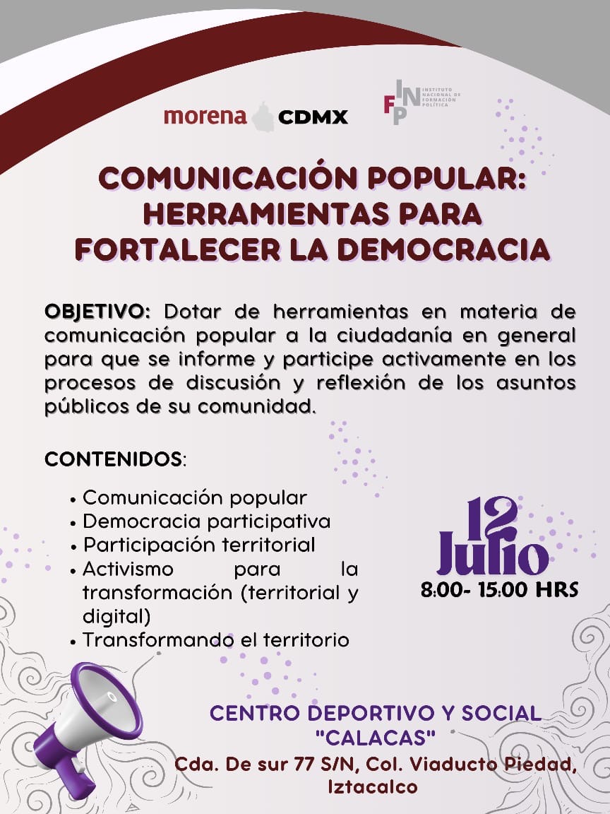 A todas y todos los integrantes, participantes, militantes y simpatizantes del cambio verdadero el <a href="/infpmorena/">INFP Morena</a>  abre la convocatoria para el Taller "Comunicación Popular: Herramientas para Fortalecer la Democracia".

Les esperamos el próximo domingo 12 de julio a las 8 horas para