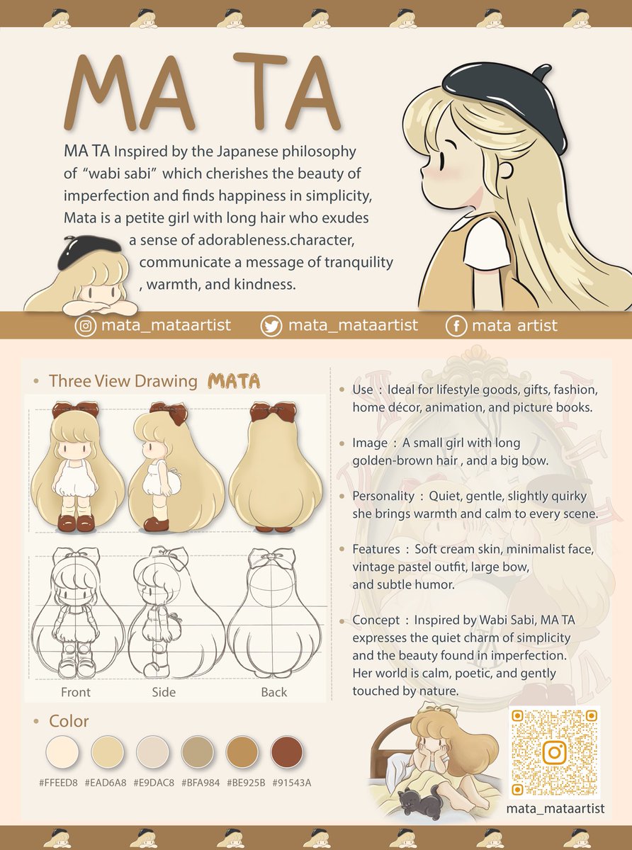 MA TA Inspired by the Japanese philosophy of“wabi sabi” which cherishes the beauty of imperfection and finds happiness in simplicity, Mata is a petite girl with long hair who exudes a sense of adorableness.character, communicate a message of tranquility , warmth, and kindness.