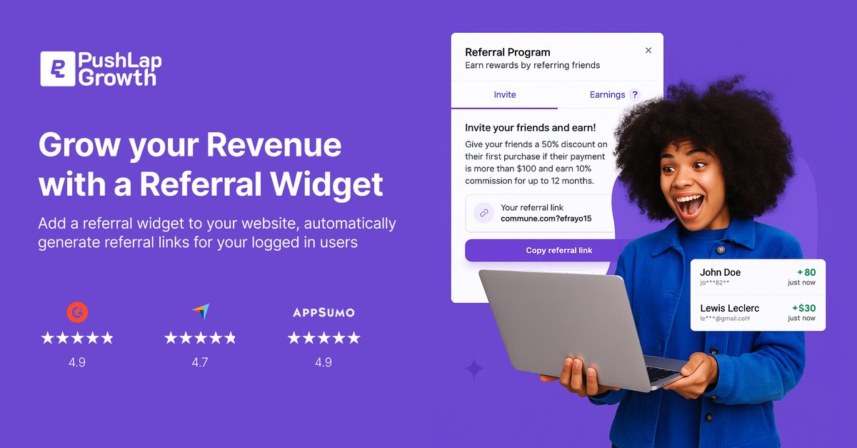 Ayo Aliyu (@ayo_blvd) on Twitter photo I just built a big new feature at <a href="/pushlapgrowth/">Push Lap Growth</a> 🚀
Turn your existing customers into your biggest advocates by embedding the referral widget in your product
✅ Auto-generates referral links for logged-in users
✅ No affiliate signup needed
✅ Embed in seconds I just built a big new feature at <a href="/pushlapgrowth/">Push Lap Growth</a> 🚀
Turn your existing customers into your biggest advocates by embedding the referral widget in your product
✅ Auto-generates referral links for logged-in users
✅ No affiliate signup needed
✅ Embed in seconds