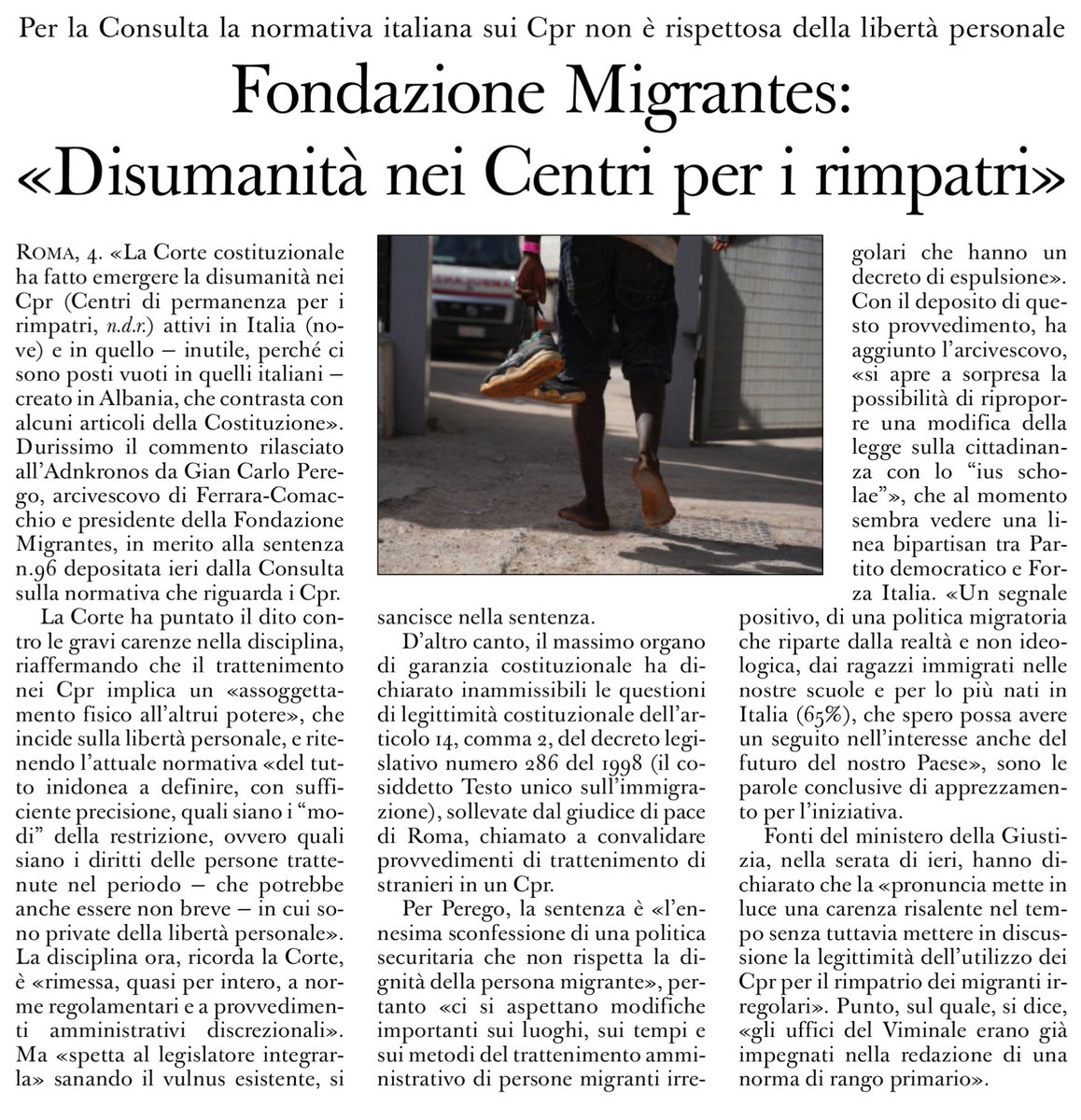 Franco Maria Fontana (@francofontana43) on Twitter photo Dopo la presa di posizione della Corte costituzionale sul Cpr, arriva la conferma da parte della Fondazione Migrantes: “ Disumanità nei Centri per i rimpatri”
<a href="/oss_romano/">L'Osservatore Romano</a> Dopo la presa di posizione della Corte costituzionale sul Cpr, arriva la conferma da parte della Fondazione Migrantes: “ Disumanità nei Centri per i rimpatri”
<a href="/oss_romano/">L'Osservatore Romano</a>