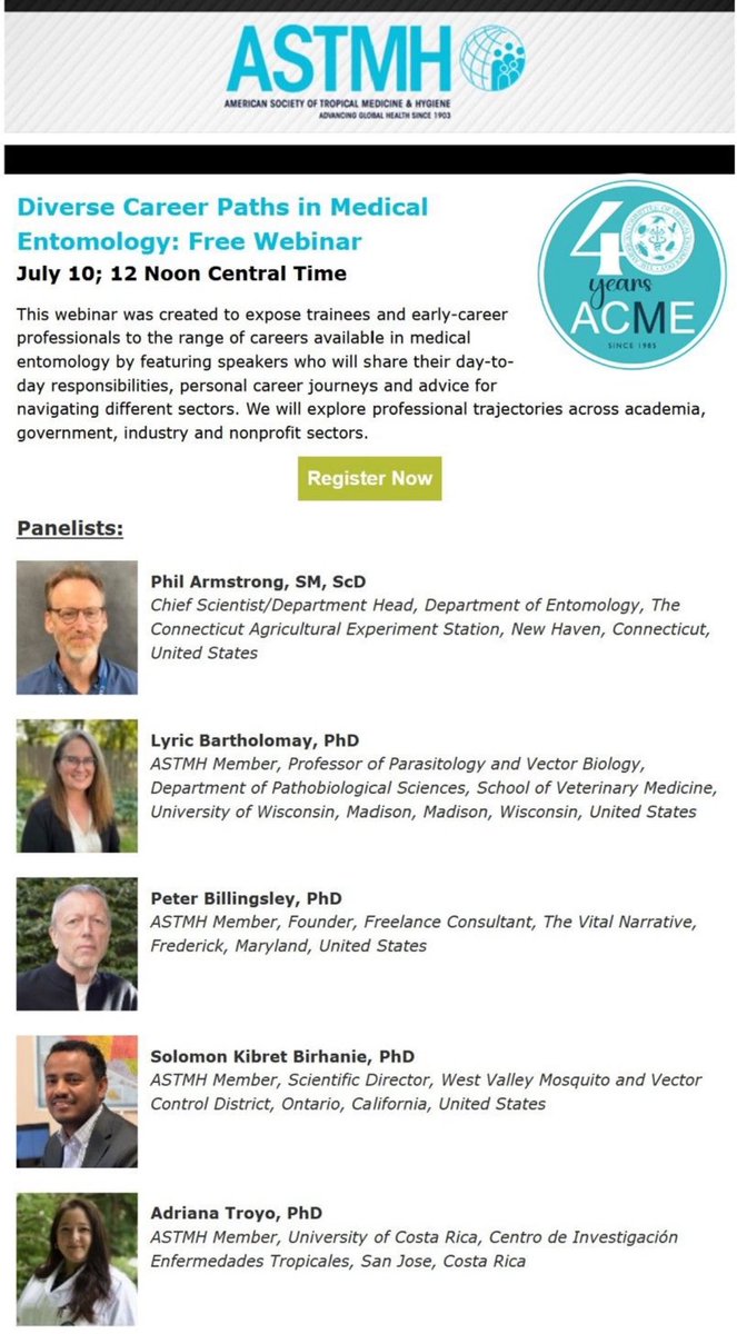 ACME (@acme_astmh) on Twitter photo 🌞 Summer Webinar (free):
CAREER PATHS IN MEDICAL ENTOMOLOGY
Organized by <a href="/ACME_ASTMH/">ACME</a> trainees and young professionals.
💻 Thursday July 10, 12noon CT
Register: us06web.zoom.us/webinar/regist…
<a href="/ASTMH/">ASTMH</a>
<a href="/KibretS/">Solomon Kibret</a>
<a href="/AkilahStewart10/">Akilah Stewart</a>
<a href="/yinkharr/">Olayinka Olajiga</a>
<a href="/DrAdrianaTroyo/">Adriana Troyo 🔬🦟 🇨🇷</a>
@olayinkq
<a href="/lyriccolleen/">Lyric Bartholomay</a> 🌞 Summer Webinar (free):
CAREER PATHS IN MEDICAL ENTOMOLOGY
Organized by <a href="/ACME_ASTMH/">ACME</a> trainees and young professionals.
💻 Thursday July 10, 12noon CT
Register: us06web.zoom.us/webinar/regist…
<a href="/ASTMH/">ASTMH</a>
<a href="/KibretS/">Solomon Kibret</a>
<a href="/AkilahStewart10/">Akilah Stewart</a>
<a href="/yinkharr/">Olayinka Olajiga</a>
<a href="/DrAdrianaTroyo/">Adriana Troyo 🔬🦟 🇨🇷</a>
@olayinkq
<a href="/lyriccolleen/">Lyric Bartholomay</a>