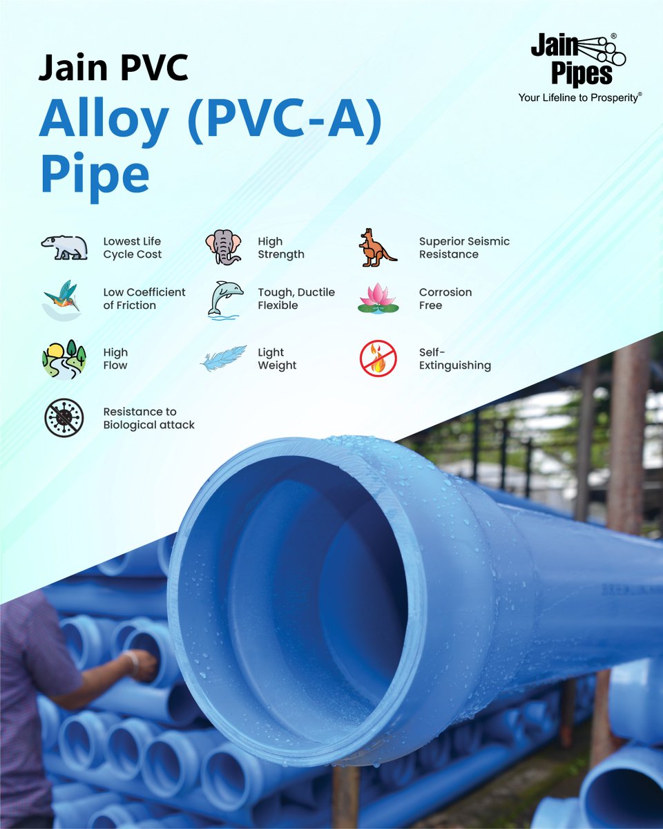 💧 One Pipe. Endless Possibilities.
From source to supply, Jain PVC Alloy (PVC-A) Pipes deliver unmatched strength, flexibility, and century-long performance! 💪

✅ Corrosion-Free
✅ Leak-Proof
✅ 100-Year Lifespan
✅ Precision-Engineered from 63mm to 630mm 🌊