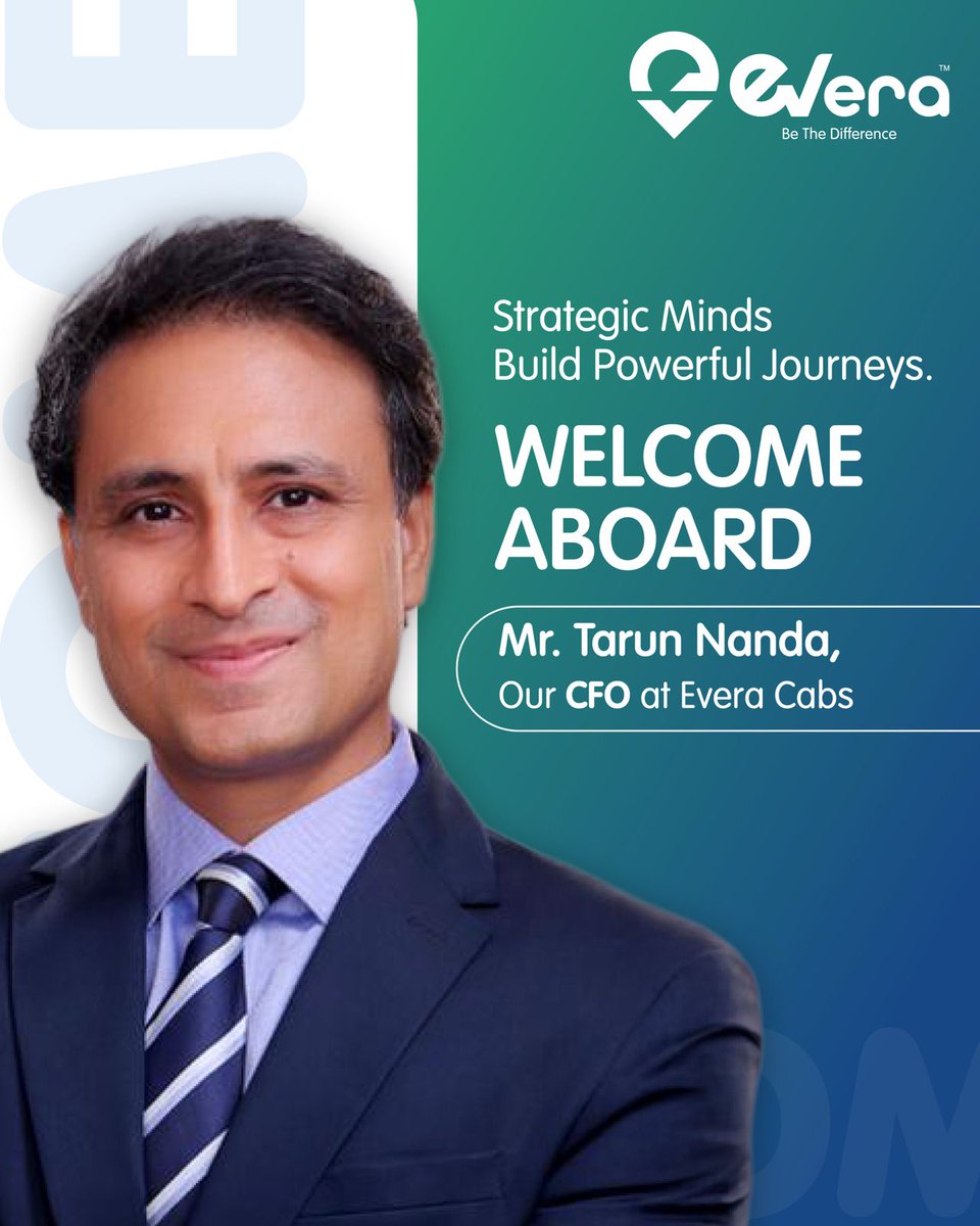 Everacabs (@everacabs) on Twitter photo Thrilled to appoint Tarun Nanda as Evera Cabs' CFO.
With expertise in finance & growth, Tarun will drive sustainable profits & green mobility.
As EVs grow, Tarun’s leadership ensures a bright future.
Welcome, Tarun. Let’s advance clean, smart transport.
<a href="/e_prakriti/">Prakriti E-Mobility</a> Thrilled to appoint Tarun Nanda as Evera Cabs' CFO.
With expertise in finance & growth, Tarun will drive sustainable profits & green mobility.
As EVs grow, Tarun’s leadership ensures a bright future.
Welcome, Tarun. Let’s advance clean, smart transport.
<a href="/e_prakriti/">Prakriti E-Mobility</a>