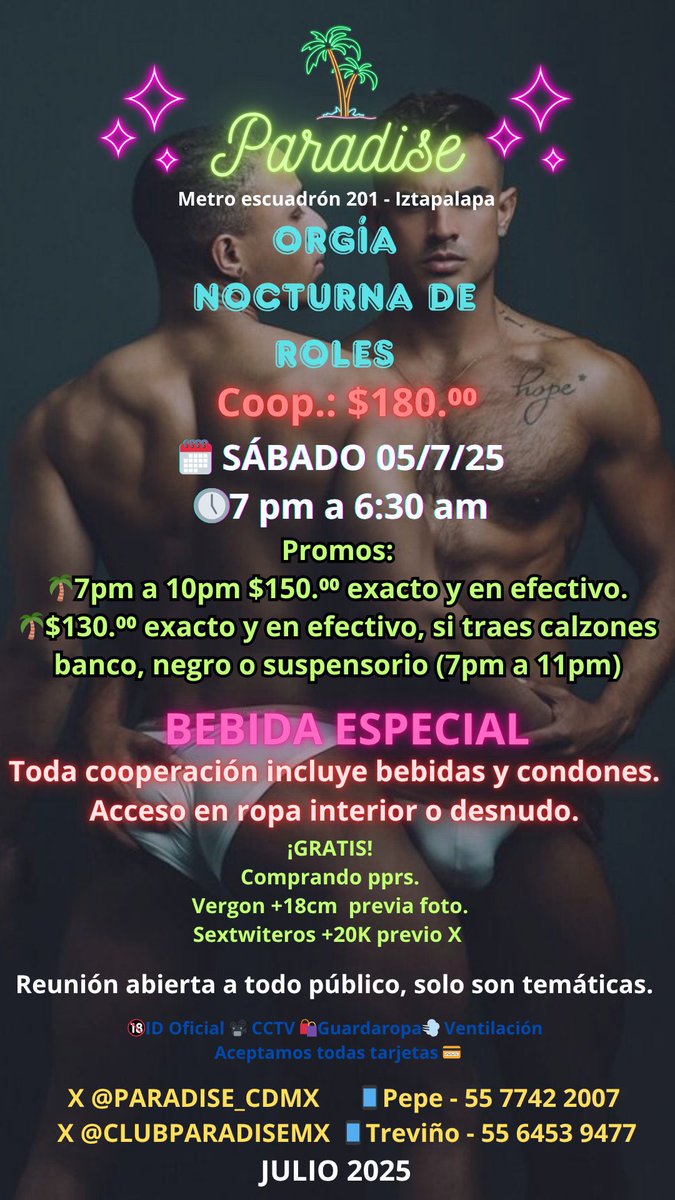 Este sábado nos vemos en:
<a href="/CLUBPARADISEMX/">PARADAISE</a> 
<a href="/PARADISE_CDMX/">PARADISE</a> 
Se pondrá súper hot 🔥 porque aqui si se coge 😈
Tengo dos cortesías  a los dos  mejores culos; responde este post con tu mejor foto de 🍑 dale ❤️ // 🔄, los ganadores se darán a conocer mañana por DM, recuerden seguir 👌🏻
